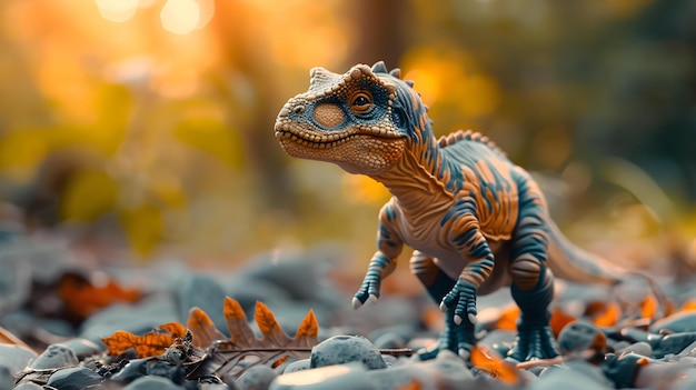Dramatische Filmszene mit einem kleinen Spielzeugdinosaurier Konzept SpielzeugDinosaurier Dramatische Filmszene Spezialeffekte Miniatur-Set-Design