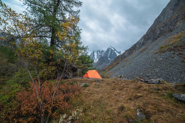 Foto dramatische landschaft mit alleinem orangefarbenem zelt auf einem waldhügel zwischen felsen und herbstflora mit blick auf die große verschneite bergkette unter bewölkten himmeln einsames zelt und verblassende herbstfarben in hohen bergen