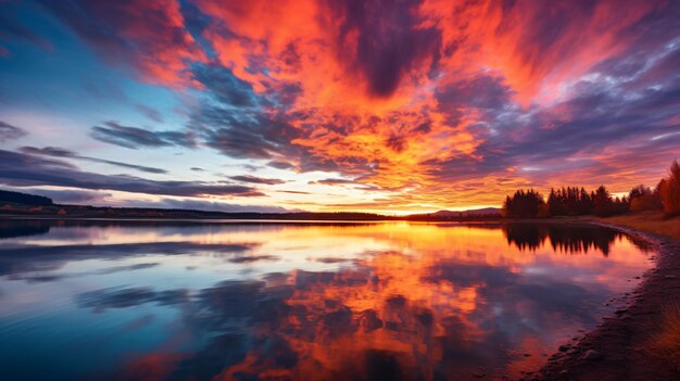 Foto dramatische sonnenuntergangslandschaft farbenfrohe wolken über still