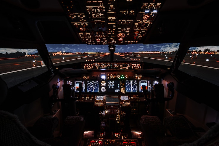 Foto dramatische vollansicht des modernen boeing-flugzeugs im cockpit vor dem start.