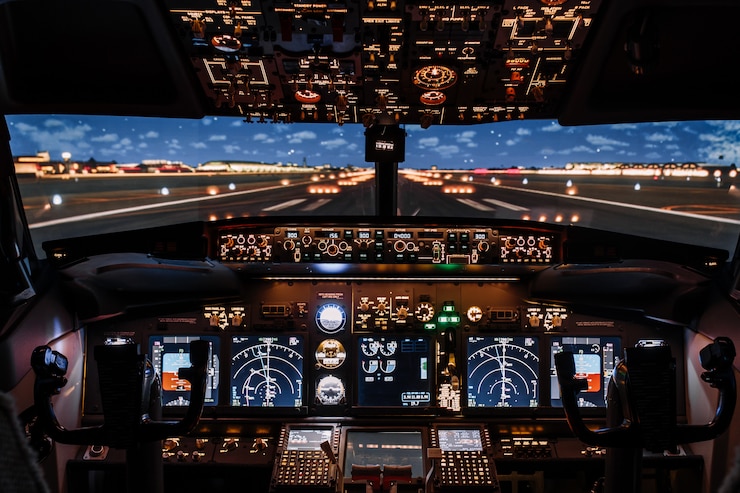 Foto dramatische vollansicht des modernen boeing-flugzeugs im cockpit vor dem start.
