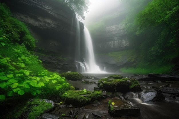 Dramatische Wasserfallszene mit Nebel, der zwischen Felsen und Grün schwebt, erstellt mit generativer KI