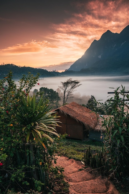 Dramatischer Blick auf die Holzhütte mit farbenfrohem Himmel im tropischen Regenwald und nebligen Fließen im Tal auf dem Land Ban Na Lao Mai Chiang Dao Chiang Mai Thailand