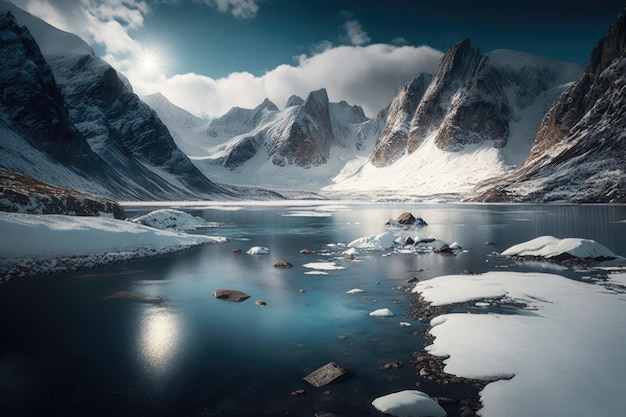 Dramatischer Blick auf einen gefrorenen Fjord, umgeben von Bergen mit eisblauen Himmeln und schneebedeckten Gipfeln cr