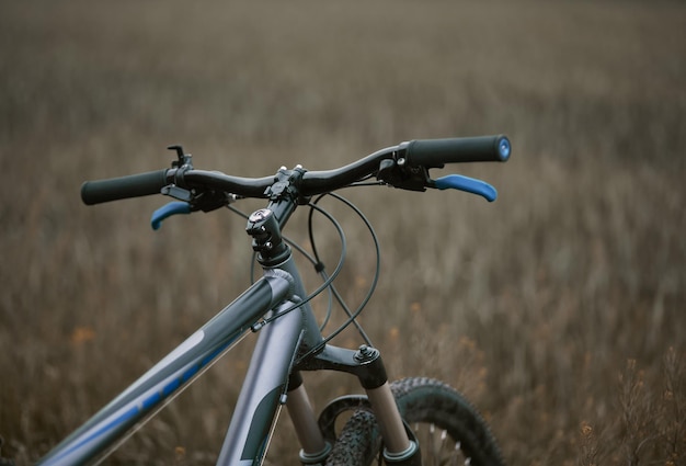 Dramatischer Blick auf Mountainbike-Stände in der Freizeit auf der Wiese und Radfahren in Freiheit