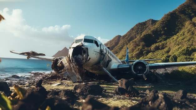 Dramatischer Flugzeugabsturz auf einem Inselflugzeug-Notfall-Unfallkonzept
