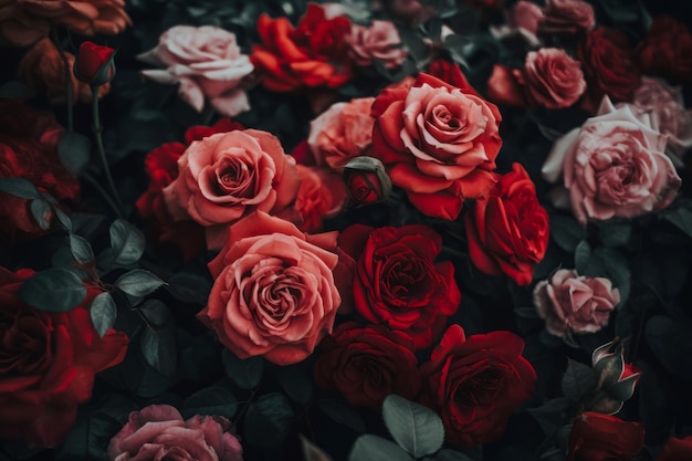 Dramatischer Garten mit roten Rosen, Blumenliebe, erzeugt Ai