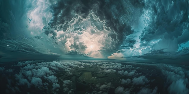 Dramatischer Himmel mit intensiven Wolkenformationen über offener Landschaft perfekt für Hintergründe und Umweltkonzepte KI