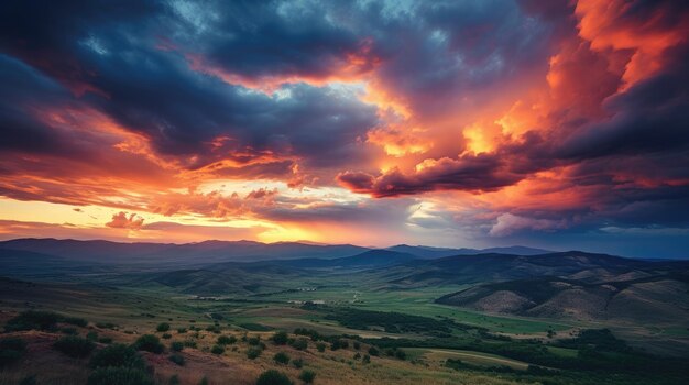 Dramatischer Himmel über Bergen in der Abenddämmerung in Kasachstan