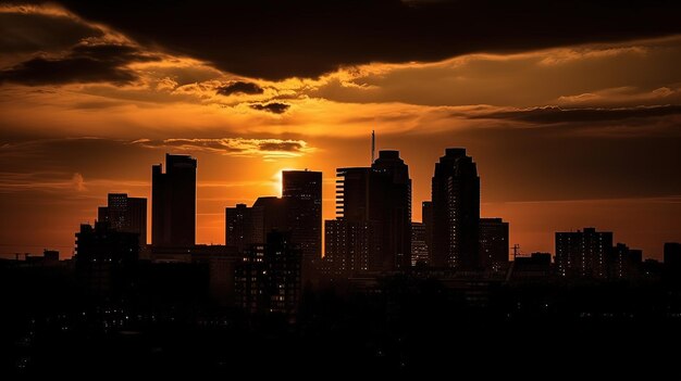 Dramatischer Sonnenuntergang, der den Skyline-Horizont der Stadt umrahmt