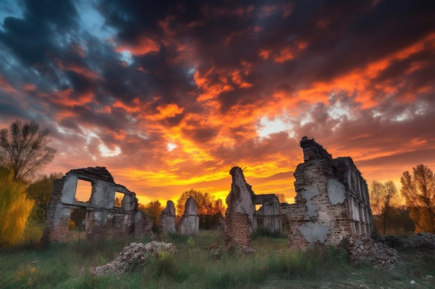 Dramatischer Sonnenuntergang über den Ruinen mit farbenfrohem Himmel und Wolken, erstellt mit generativer KI