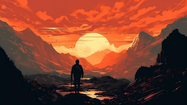 Dramatischer Sonnenuntergang über einem Berg mit einer digitalen Kunstillustration des einsamen Helden