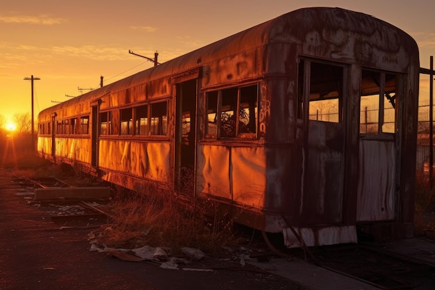 Dramatischer Sonnenuntergang wirft Schatten auf verlassene Eisenbahnwaggons, erstellt mit generativer KI