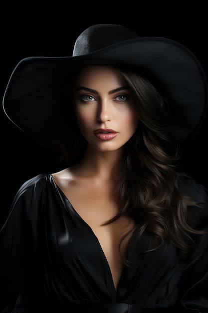 Dramatisches dunkles Studioporträt einer eleganten und sexy jungen Frau in schwarzem breiten Hut und schwarzem Kleid
