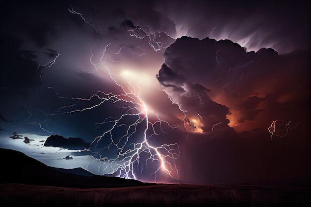 Dramatisches Gewitter mit Blitzen, die den Nachthimmel erhellen, der mit generativer KI erstellt wurde
