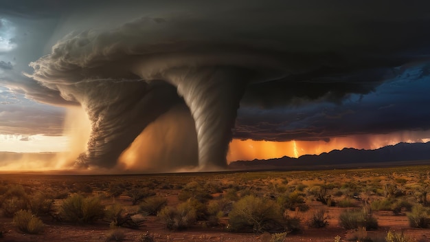 Dramatisches Kunstwerk eines riesigen Tornados, der bei Sonnenuntergang eine Wüstenlandschaft mit dunklen Sturmwolken berührt