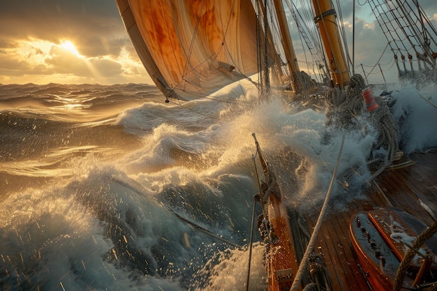 Dramatisches Ozean-Seilabenteuer auf einem Vintage-Schiff während des Goldenen Sonnenuntergangs in stürmischen Meeren