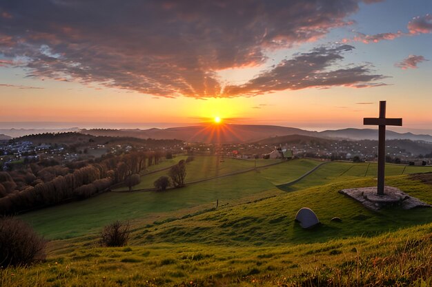 Dramatisches Panorama Ostern Sonntagmorgen Sonnenaufgang mit Kreuz auf dem Hügel