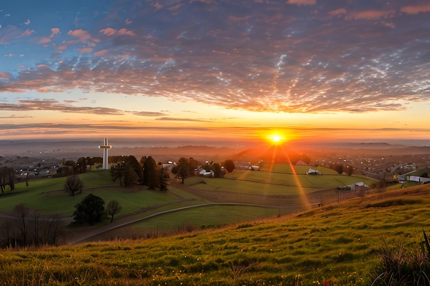 Dramatisches Panorama Ostern Sonntagmorgen Sonnenaufgang mit Kreuz auf dem Hügel