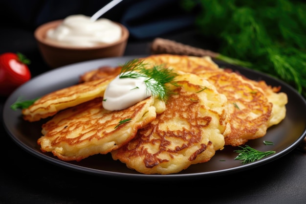 Draniki de panquecas de batata com ervas e creme azedo Prato eslavo tradicional