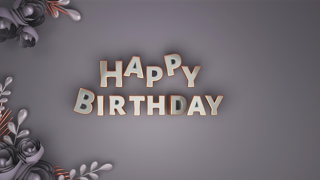 Draufsicht auf 3D-Happy Birthday-Text mit Origami-Rosenblüten und -blättern auf grauem Hintergrund