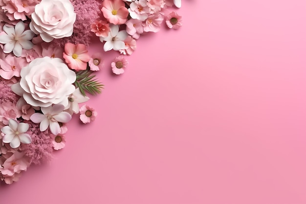 Draufsicht auf 3D-Papierblumen und Blätter rosa Hintergrund