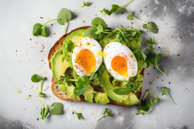 Draufsicht auf Avocado-Eiersalat auf Brot auf hellem Steinhintergrund