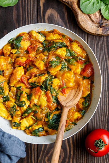 Draufsicht auf Bombay Chicken Curry mit Spinat, Tomaten und Zwiebeln in einer weißen Bratpfanne auf einem Küchenholztisch Indische traditionelle Küche