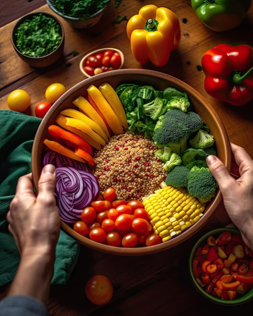 Draufsicht auf bunten Quinoa-Salat mit frischem Gemüse, gesundes Ernährungskonzept