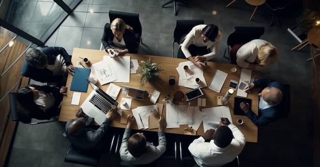 Draufsicht auf das Team, das im Büro zusammenarbeitet Generative KI