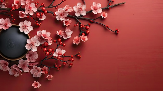 Draufsicht auf den Hintergrund des chinesischen Neujahrs mit Blumenschmuck und rotem Hintergrund