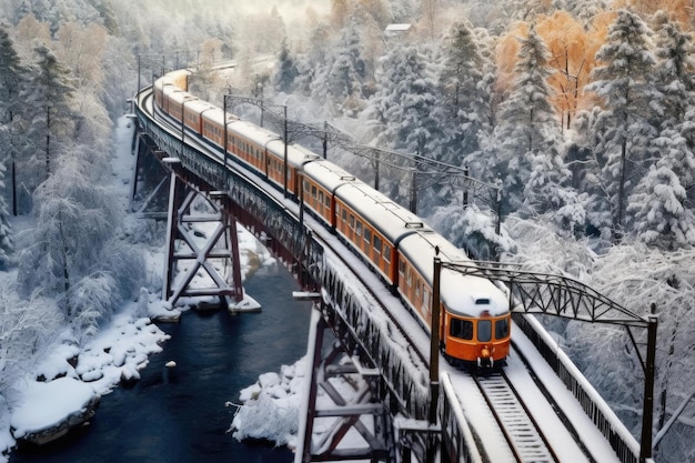 Foto draufsicht auf den polarexpresszug, der eine schneebedeckte brücke überquert, die mit generativer ki erstellt wurde