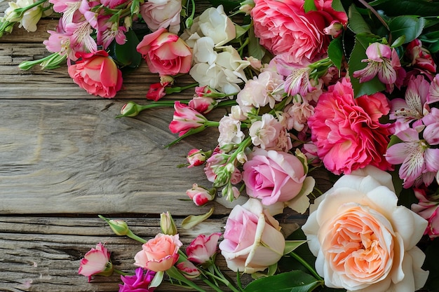 Draufsicht auf den rosafarbenen Frühlingsblumenrahmen oder den rustikalen Holzhintergrund mit Blumenrand