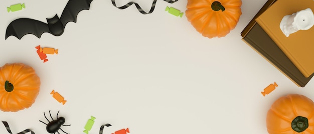 Draufsicht auf den Tisch mit Halloween-Dekorationen, Gruselkürbis und Kopienraum 3D-Rendering