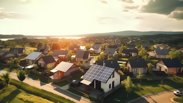 Draufsicht auf die Häuser mit Solarpanel auf dem Dach