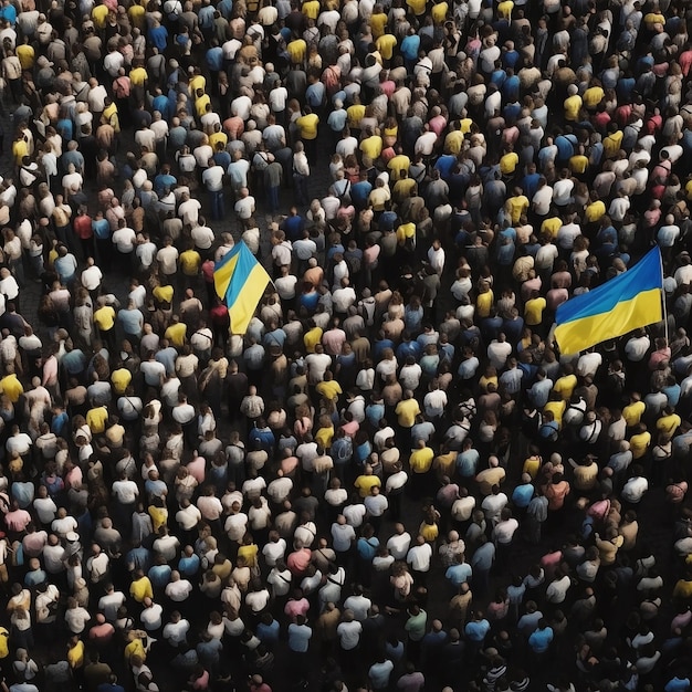 Draufsicht auf die Menschenmenge mit generativer KI der ukrainischen Flagge