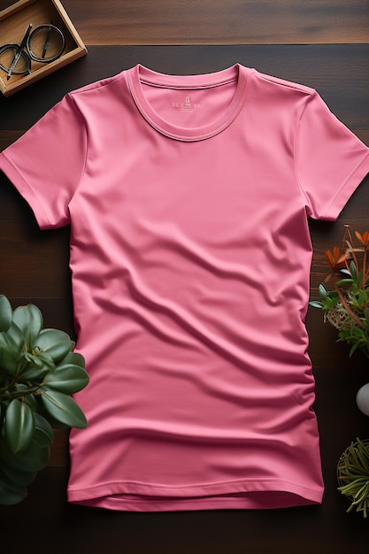 Draufsicht auf ein T-Shirt-Modell in reinem PINK, perfekt gestylt