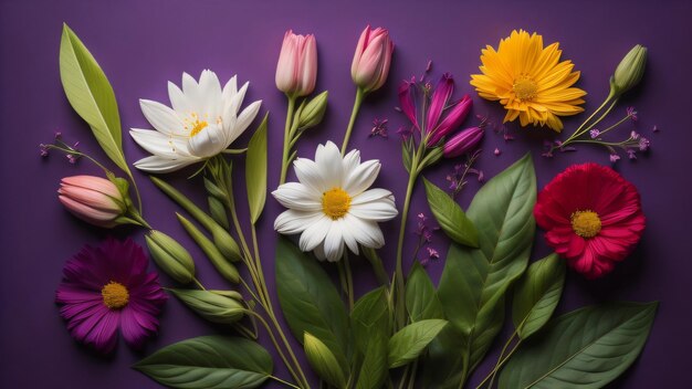 Draufsicht auf ein wunderschönes Blumenarrangement auf violettem Hintergrund