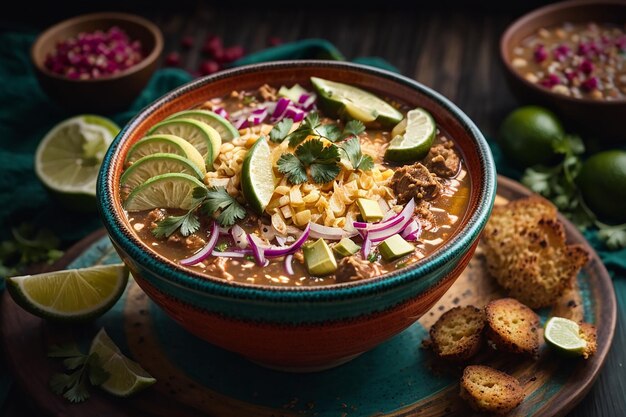 Draufsicht auf eine appetitliche Pozole-Schüssel