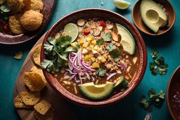 Draufsicht auf eine appetitliche Pozole-Schüssel