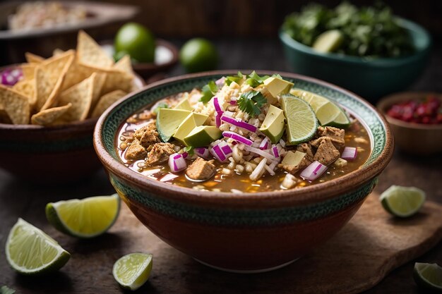 Draufsicht auf eine appetitliche Pozole-Schüssel