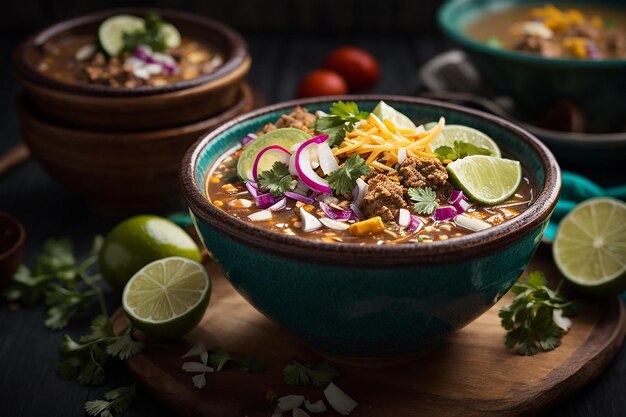 Draufsicht auf eine appetitliche Pozole-Schüssel