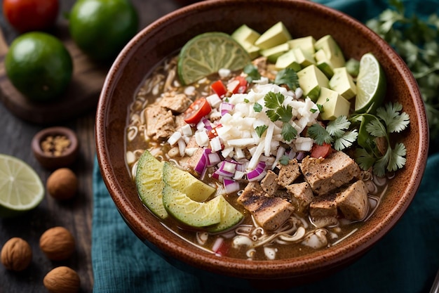 Draufsicht auf eine appetitliche Pozole-Schüssel