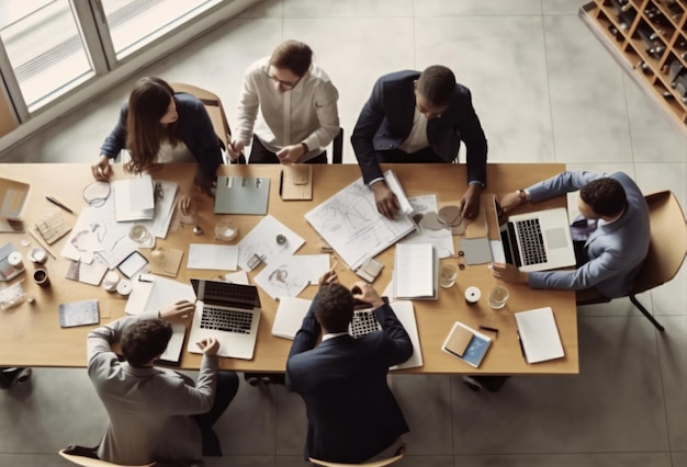 Draufsicht auf eine Gruppe multiethnischer, vielbeschäftigter Menschen, die im Büro arbeiten