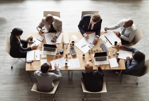 Draufsicht auf eine Gruppe multiethnischer, vielbeschäftigter Menschen, die im Büro arbeiten