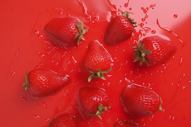 Draufsicht auf eine Gruppe von Erdbeeren, die in einen Erdbeersaft spritzen