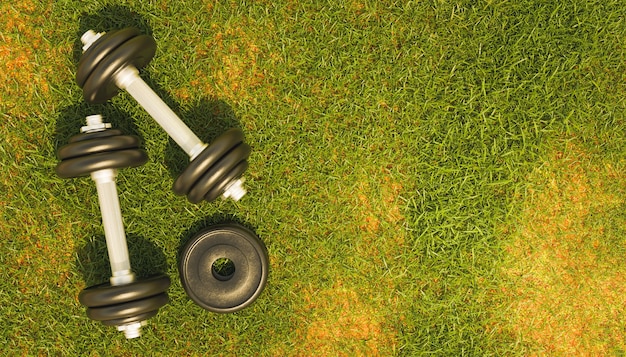 Draufsicht auf eine Metallgymnastikhanteln auf Gras
