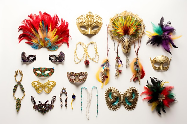 Foto draufsicht auf eine reihe von karnevalsaccessoires wie masken und kopfbedeckungen