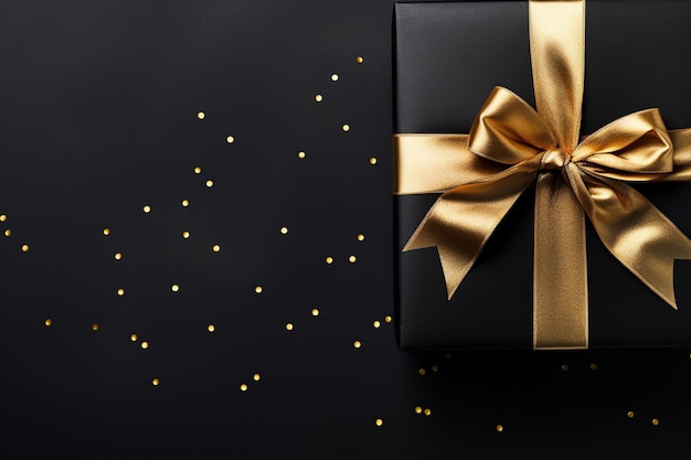 Draufsicht auf eine schwarze Geschenkbox mit goldenem Satinband vor schwarzem Hintergrund