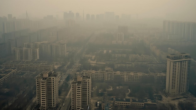 Draufsicht auf eine staubige oder smoggefüllte moderne Stadt mit Hochhäusern